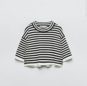 Zara Navy & White Striped Cropped Short Sleeve Tee